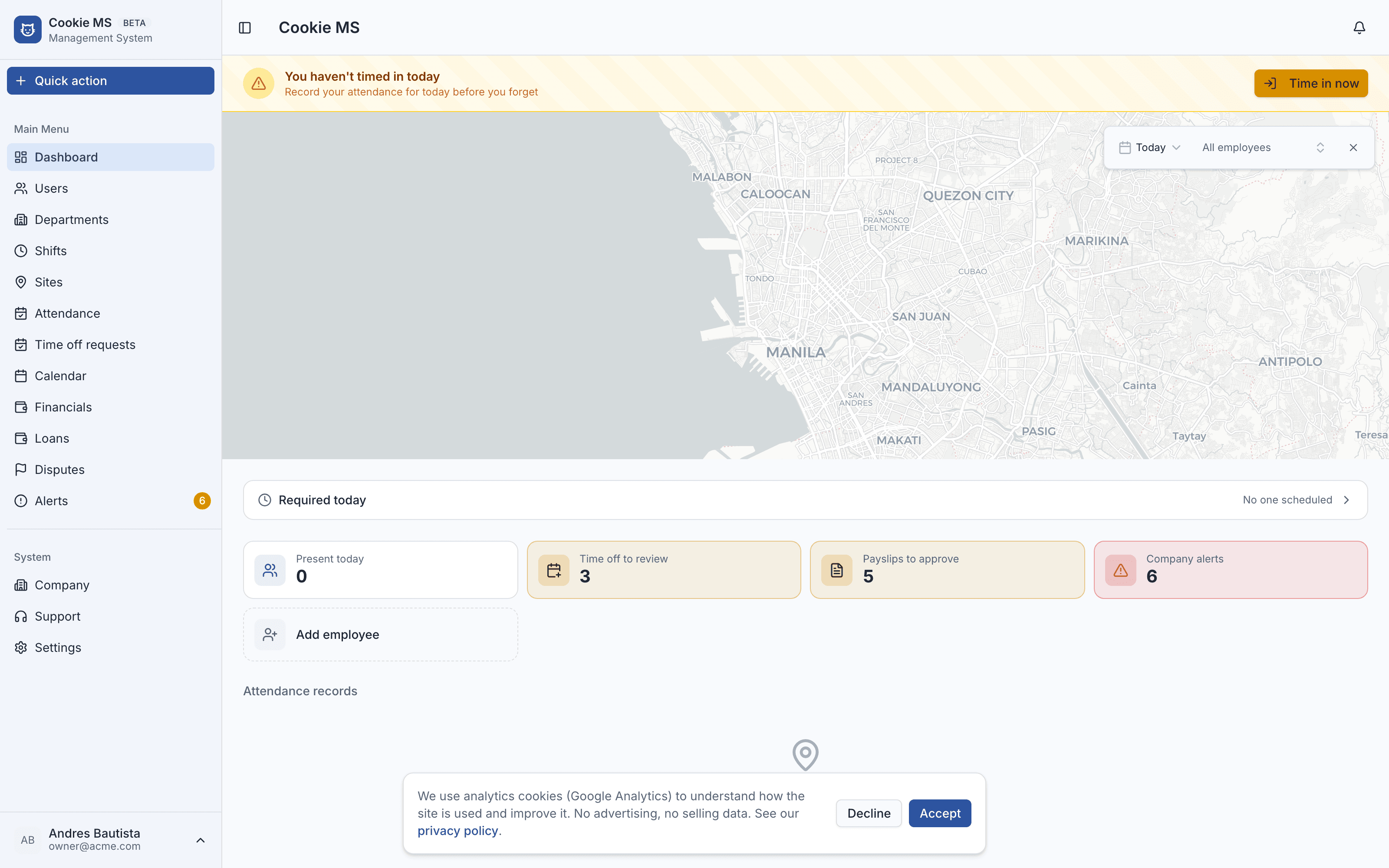 Cookiems admin dashboard showing headcount, attendance, and pending approvals