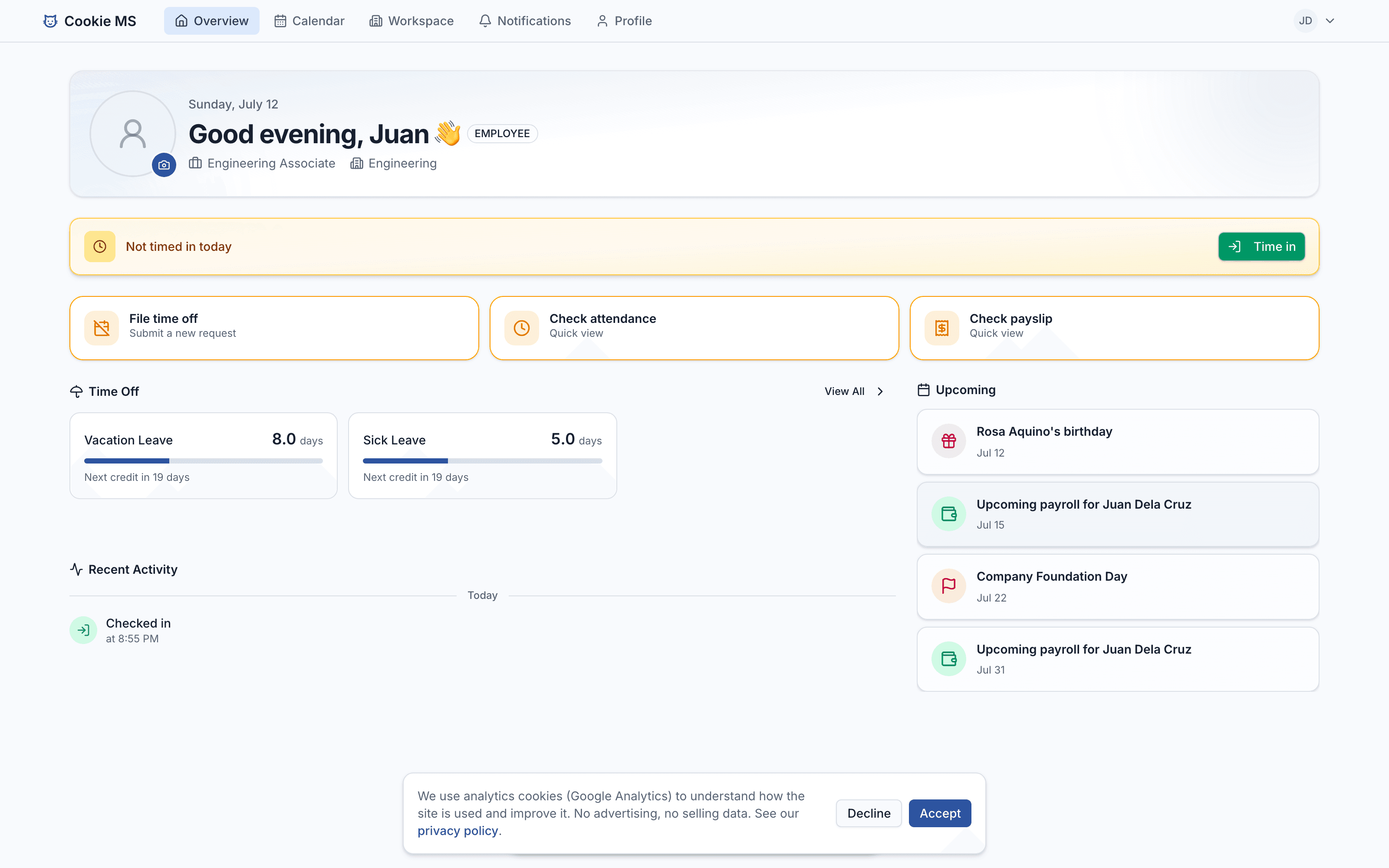 Cookiems employee portal for time-in, payslips, and leave requests