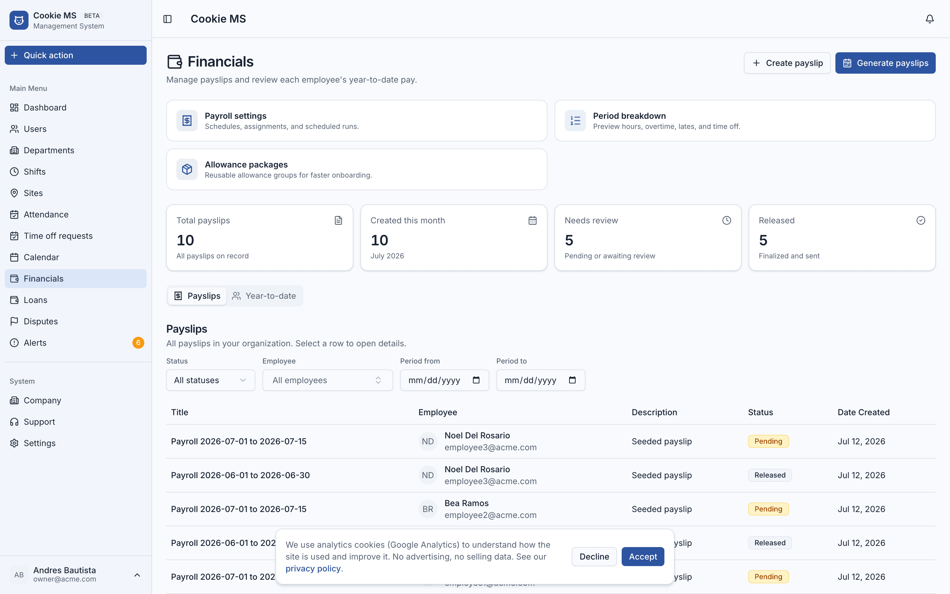 Cookiems financials page showing payroll runs and cost breakdowns